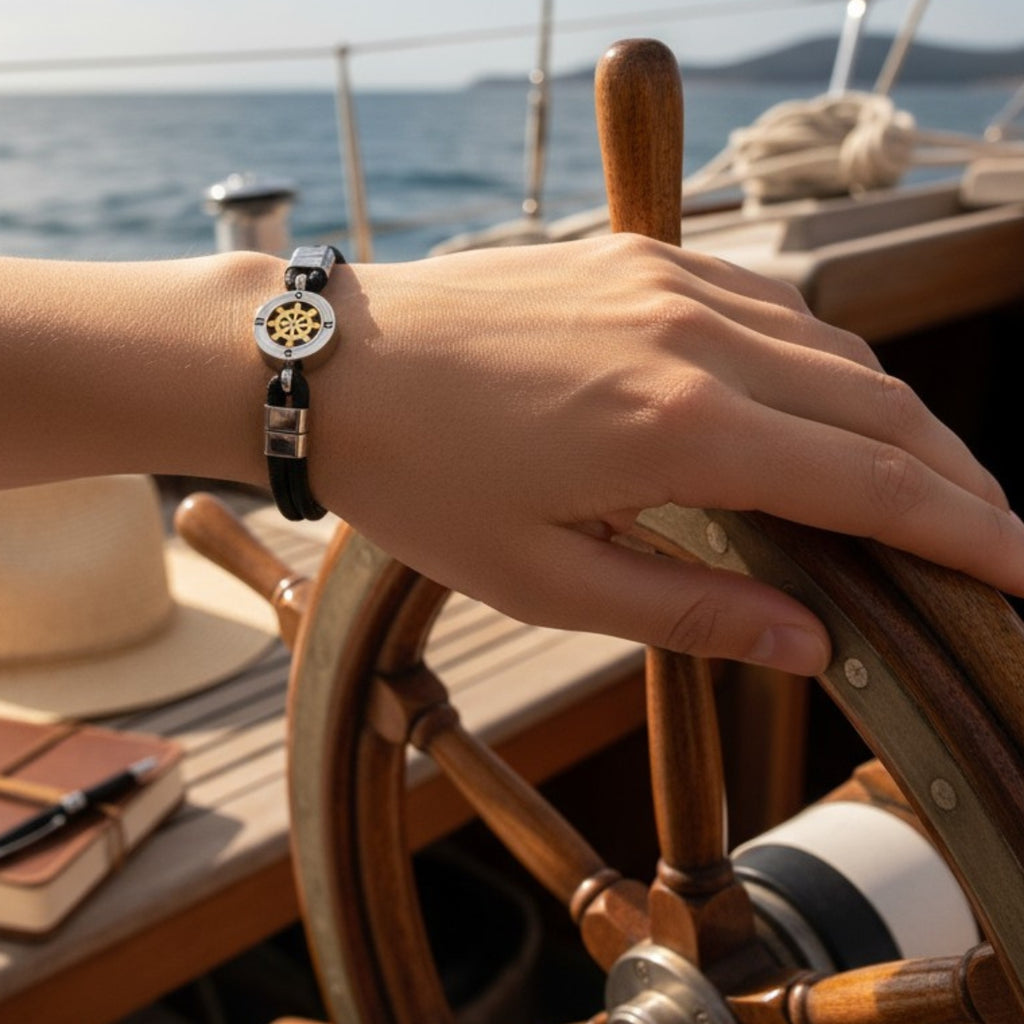 Bracelet nautique en acier inoxydable / gouvernail de bateau mobile / corde noire pour homme BA1009