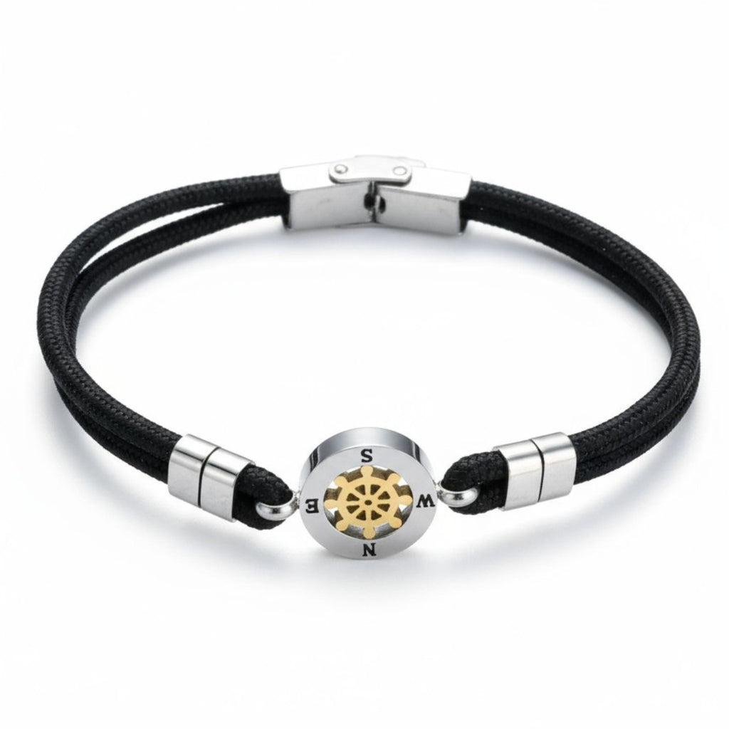 Bracelet nautique en acier inoxydable / gouvernail de bateau mobile / corde noire pour homme BA1009