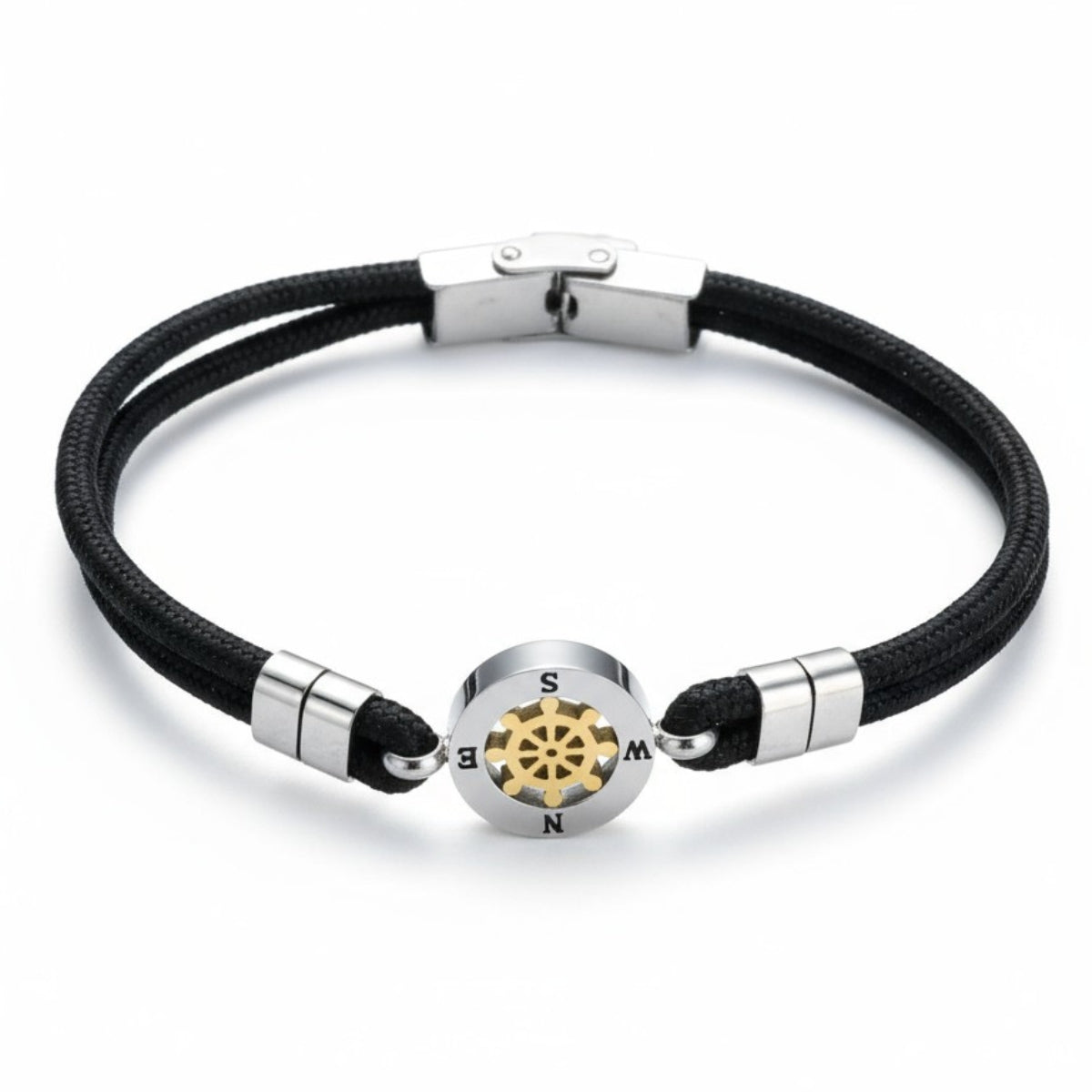 Bracelet nautique en acier inoxydable / gouvernail de bateau mobile / corde noire pour homme BA1009