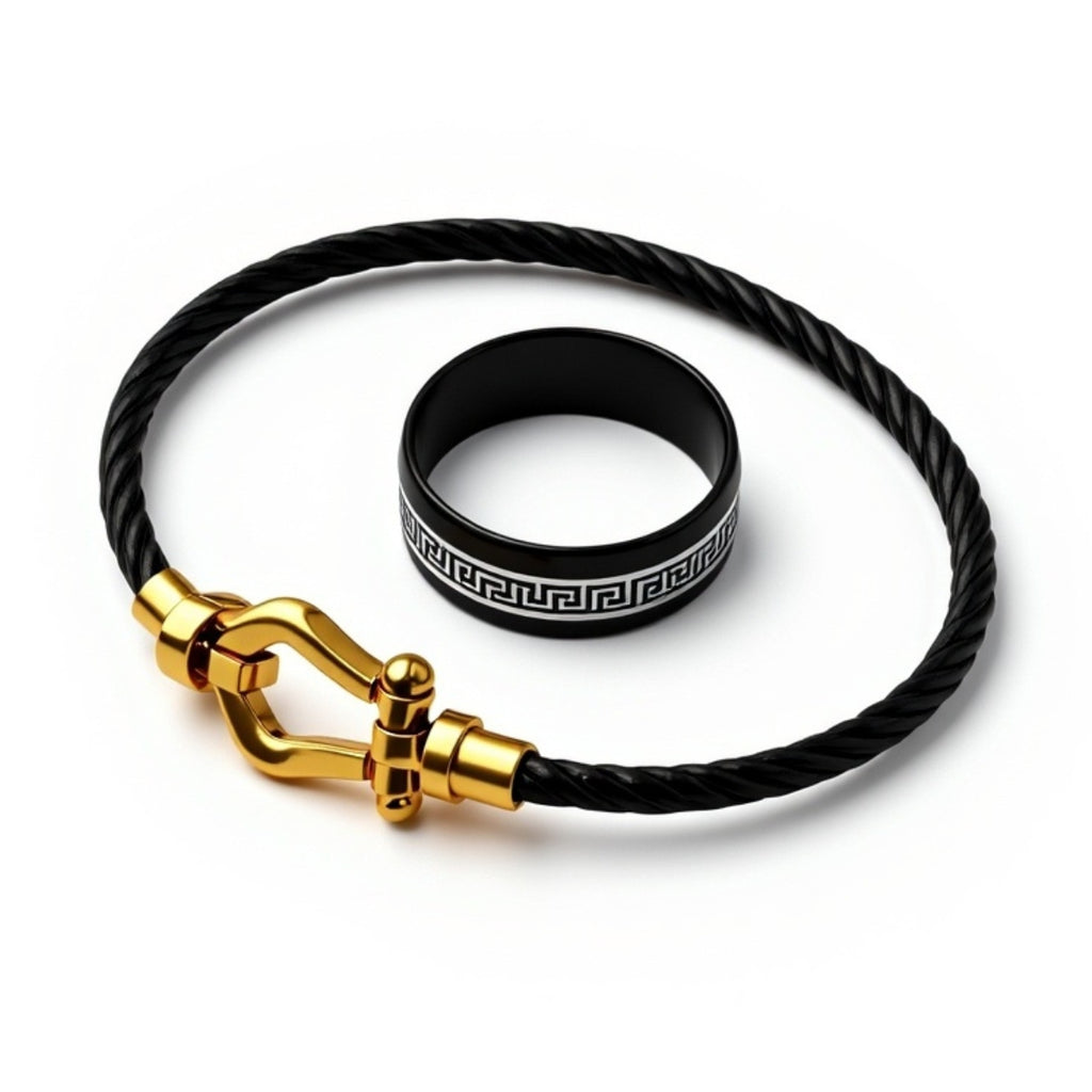Bracelet Fred + Bague Acier Homme Noir 21E015